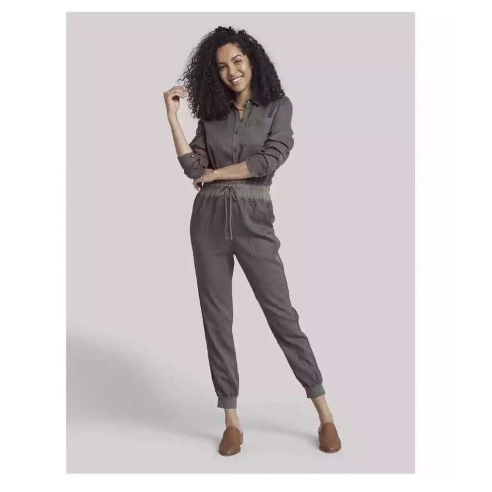 FAHERTY Arlie Jumpsuit Women Medium Green Linen Blend Long Sleeve Stretch